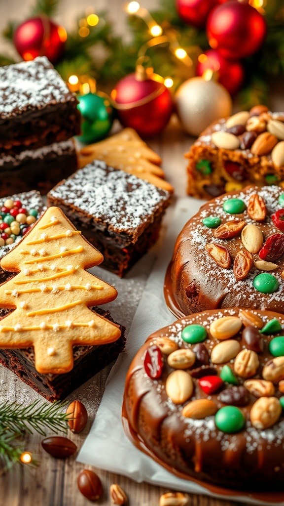 A variety of gluten-free Christmas desserts including brownies, cookies, and fruitcake on a festive table.